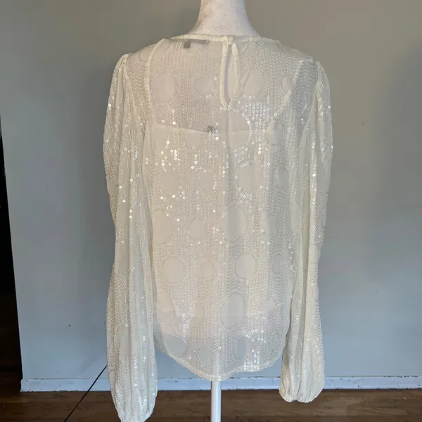 Eva Franco White Sequin Mesh Puff Sleeve Blouse SE10054AN Size S - Image 5