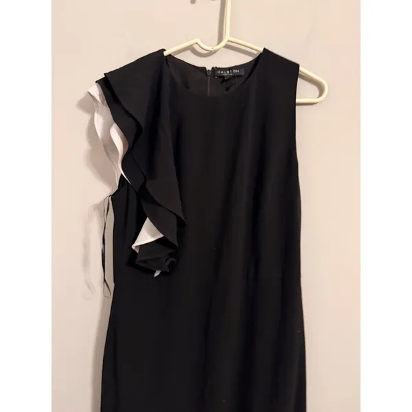 Halston Heritage Maxi Dress Womens 4 Black Ruffle Sleeveless Two Tone Gown‎ - Image 2