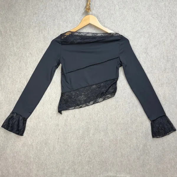 Black‎ Asymmetrical Lace Panel Long Sleeve S Whimsigoth Boat Neck Dark Coquette - Image 2