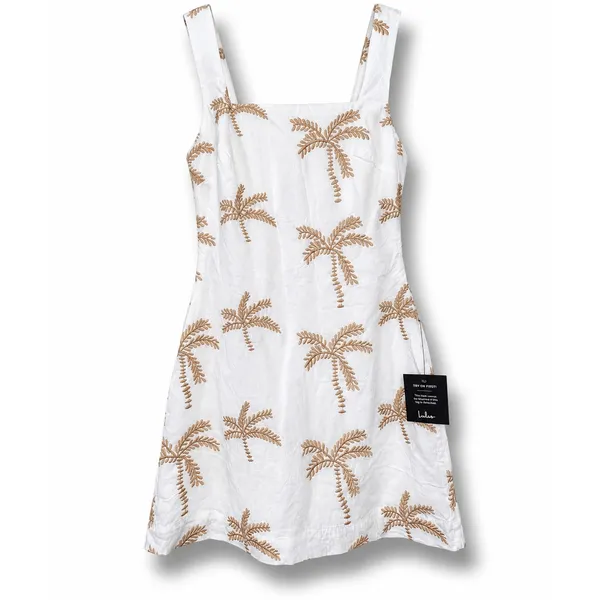 NEW Lulus Flawlessly Breezy Ivory Tan Palm Tree Embroidered Cotton Mini Dress XS - Image 5