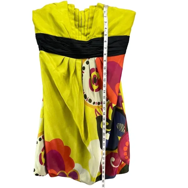 Kay Unger Y2K Dress 14 Chartreuse Yellow‎ Strapless Silk Floral Pleated Cocktail - Image 10