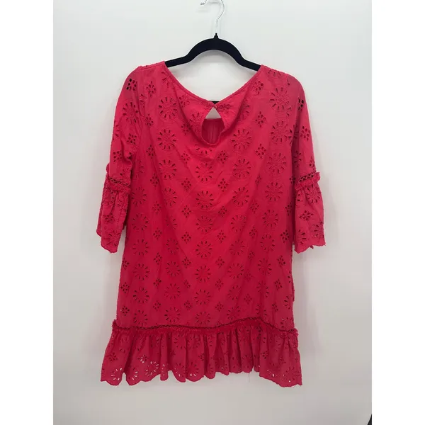 Anthropologie Pink‎ Eyelet Shift Dress Sz 8 Boho Ruffle Embroidered Feminine - Image 3