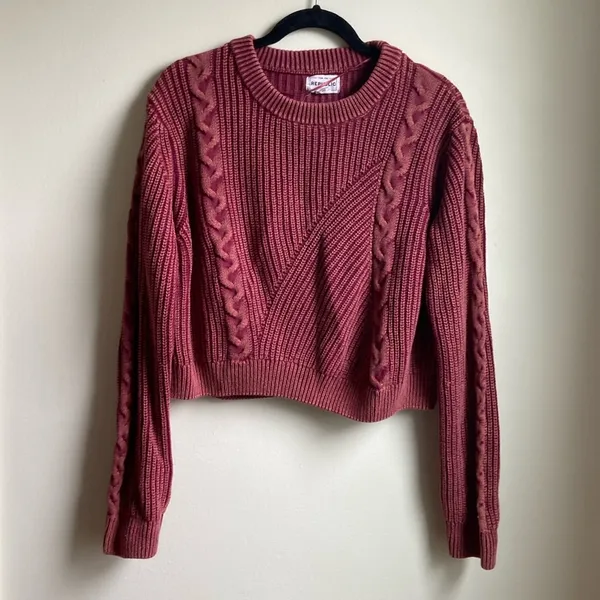 FOR THE REPUBLIC Cotton Crewneck Sweater (Sz XL) Red Distressed Cable Knit - Image 2