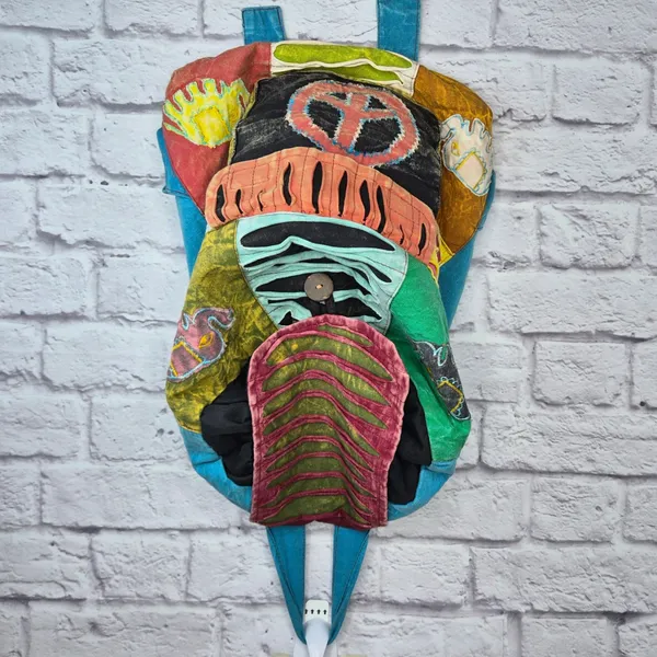 Nepal Cotton Patchwork Backpack Boho Hippie Festival Razor Cut Peace Sign Bag - Image 2