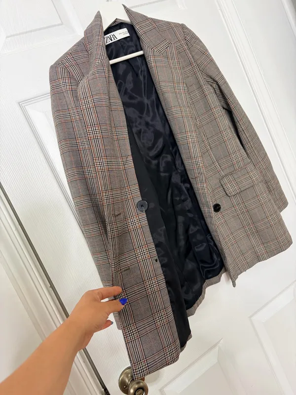ZARA Gray Plaid Double Breasted Blazer Size XS Minimalist Academia Preppy Chic - Image 6