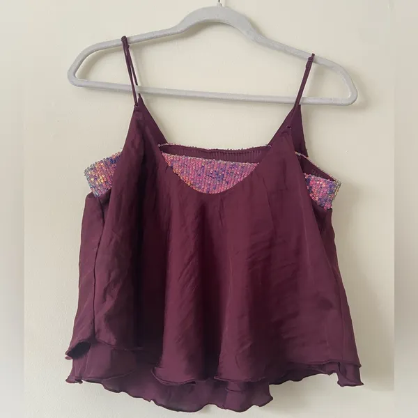 Free People Turn It On Camisole in Plum Vetiver Bloom Cropped Sequin Top Sz S - Image 6