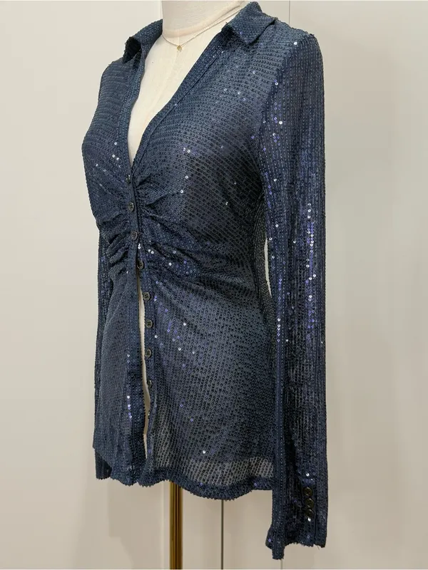 Free People Sequin Shirtee Small Varsity Navy Button Up Party Statement Holiday - Image 7