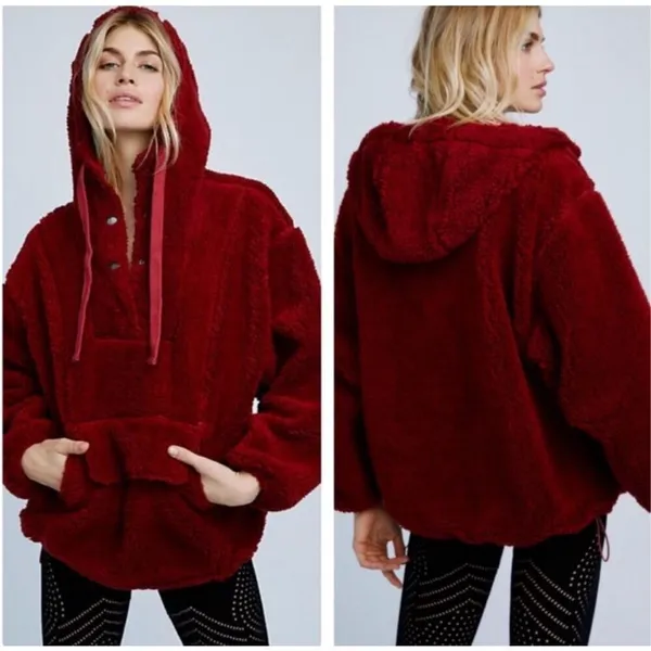 Free People Run My‎ Way Fleece Sherpa Jacket Oversized Plush Hoodie Maroon Small - Image 3