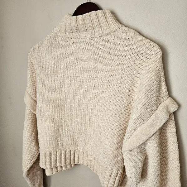 Urban Outfitters Sweater Cozy Cream Turtleneck Ruffle Cropped Neutral Chenille - Image 6