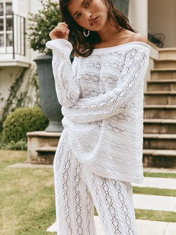 Off-Shoulder White Lace Knit Sweater sabo skirt sz 4 - Image 3