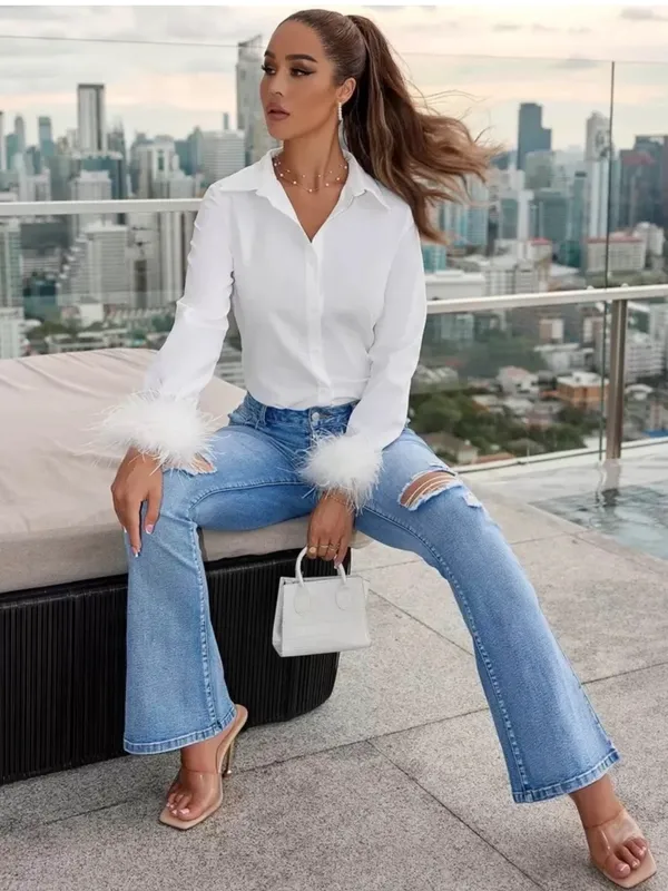 Shein Button Down Shirt with Feather Trim  - Image 2