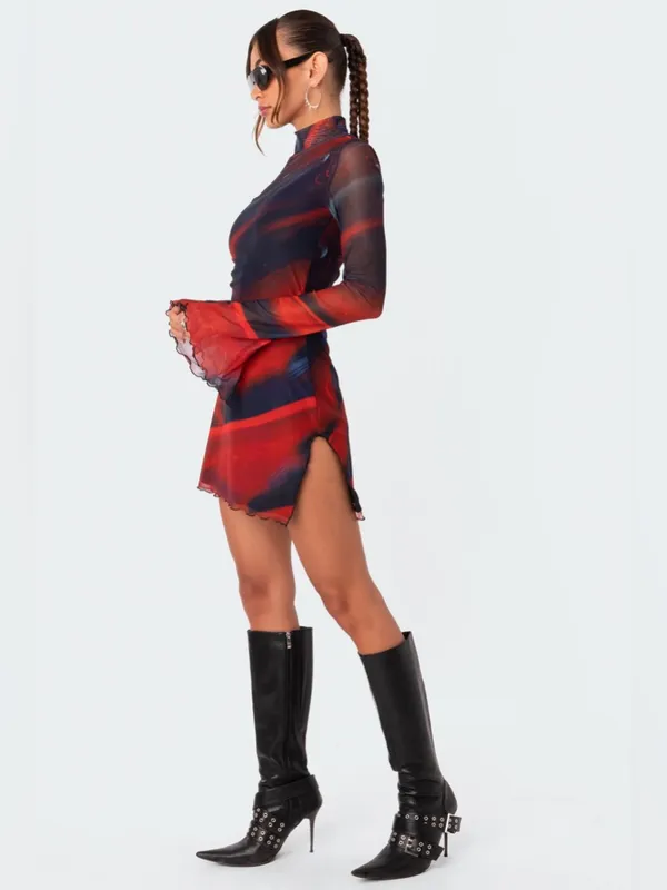 Edikted Sparks Fly Mesh Mini Dress Red Black Swirl Slit Bell Sleeve Medium New - Image 2