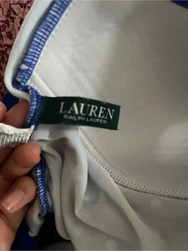Lauren Ralph Lauren Blue White Polka Dot Halter One Piece Swimsuit 8 Ruched - Image 6