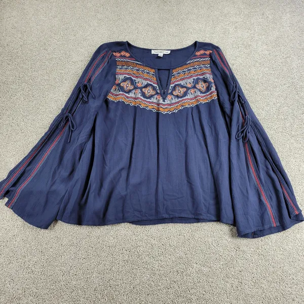 Abercrombie & Fitch Womens Boho Top M Blue Embroidery Tie Flowy Sleeves Keyhole - Image 2