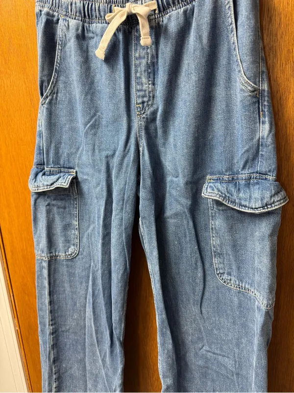 Gap Pull On Wide Leg Cargo Denim Jeans Cotton Tie Waist Medium Wash Blue Medium - Image 10