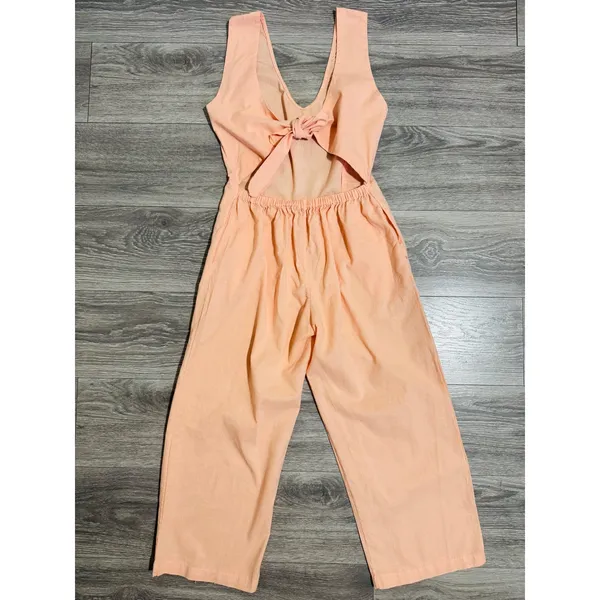 Cottagecore Peach‎ Sleeveless Wide Leg Jumpsuit XS Open Back Tie Pocketed Romper - Image 4