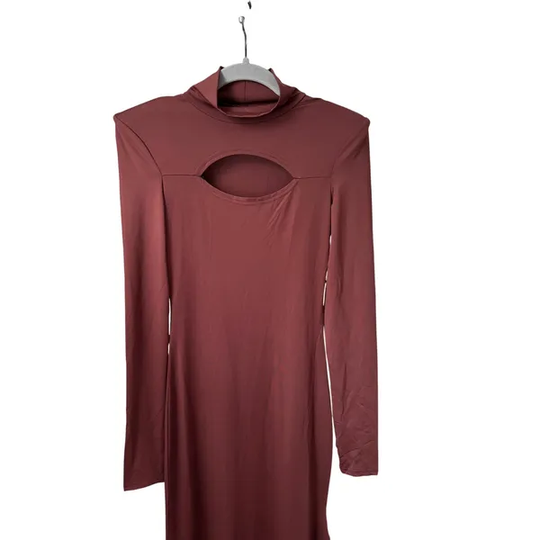 Womens Brown Cut Out Bodycon Maxi Dress Small Long Sleeve Mock Neck Shoulder Pad - Image 8