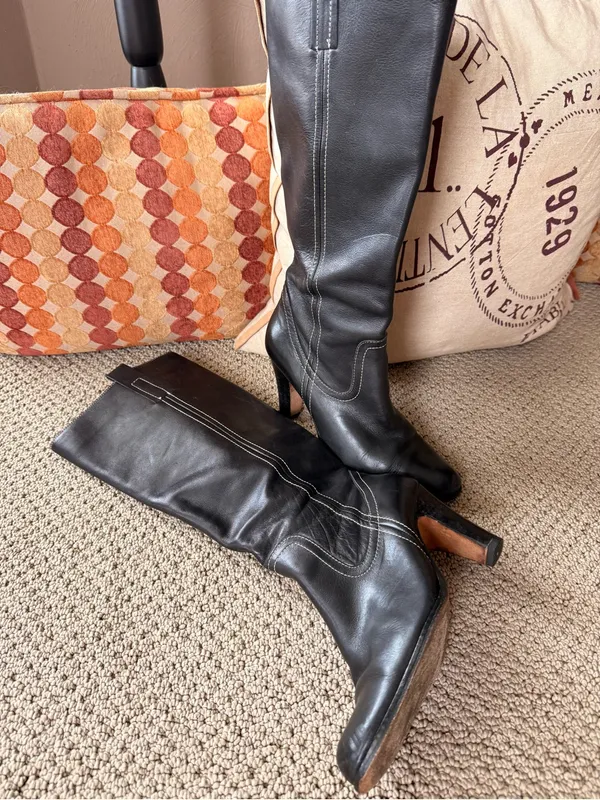 Circa Joan David Tall Black Leather Heeled Boots with Contrast Stitch Size 7 - Image 11