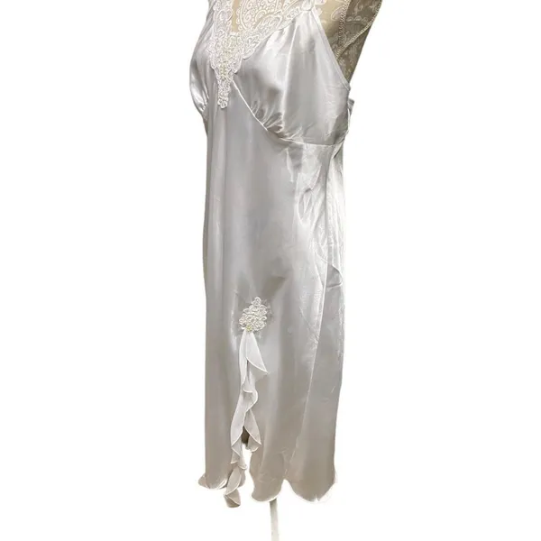 Vtg White Satin Lace Maxi Slip Dress L Bridal Nightgown Beaded Deadstock NWT - Image 4