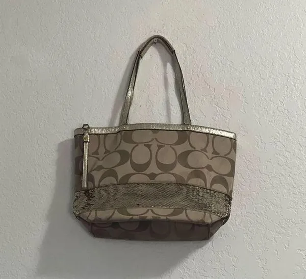 Coach Gold Jacquard Signature Gold Sequins Zip Tote Purse H1120-F17574 14x9 bag - Image 2