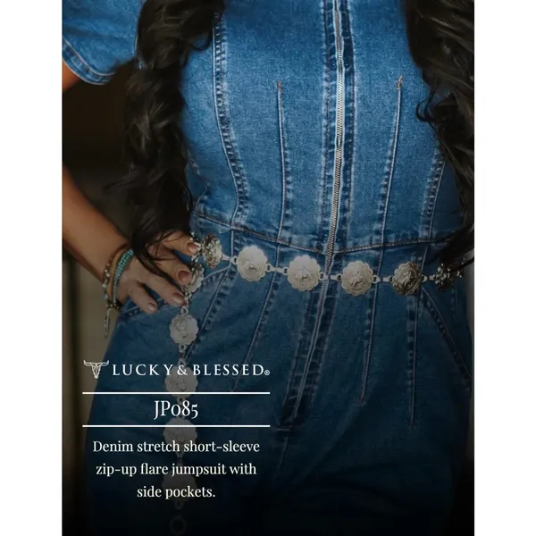 NEW Lucky & Blessed Denim Stretchy Short Sleeve Zip Up Flare Leg Jumpsuit XS - Image 5