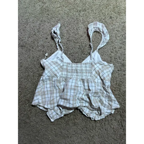 Kirious Los Angeles Plaid Peplum Cami Top Tan‎ Cream Smocked Back Size M - Image 4