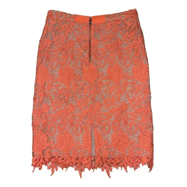 Alice + Olivia Farrel Midi Pencil Skirt in Coral & Nude Floral Lace Size 6 Lined - Image 5