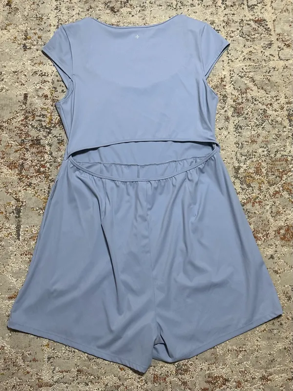 Halara SoftlyZero Airy U Neck Cap Sleeve Pocket Yoga Romper XL blue - Image 5