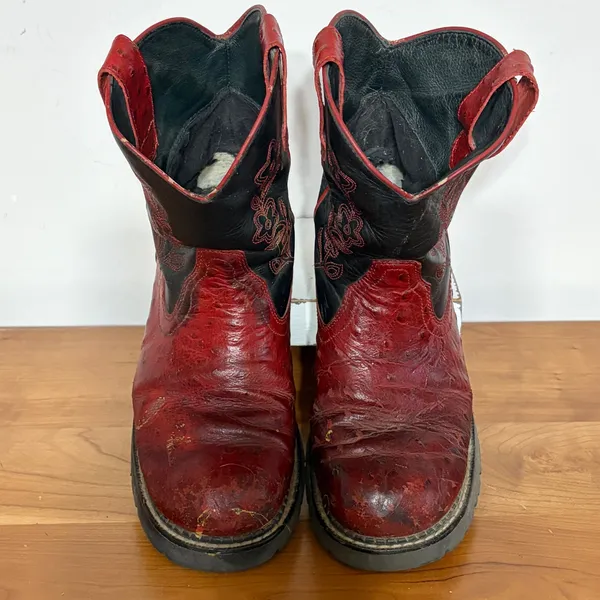 Roper Red Ostrich Print Black Leather Floral Embroidered Western Boots 8 530-200 - Image 3