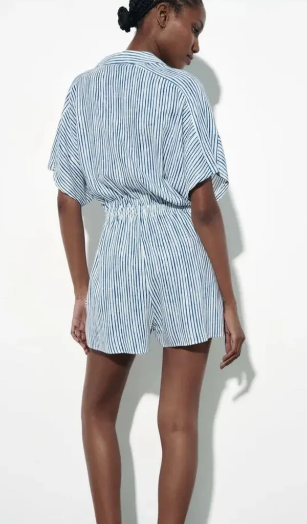Blue White Stripe Lined Blend Button Down Shirt Short Romper Jumpsuit - Image 2