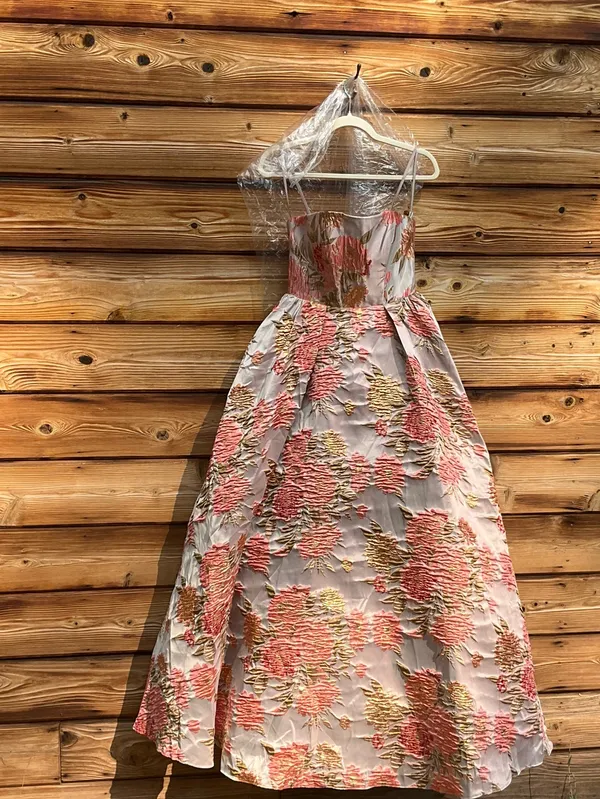 MAC DUGGAL 69169 Pink Strapless Floral Brocade Ball Gown With Pockets Size 2 - Image 7