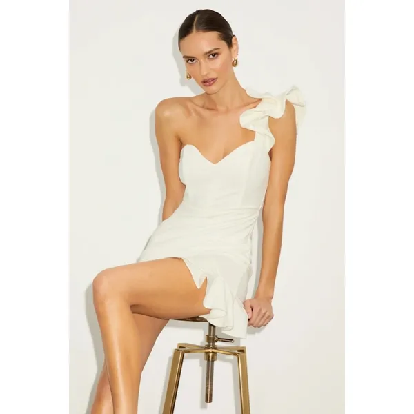 NWT Lulus Captivate Me White One-Shoulder Ruffled Trumpet Mini Dress Party Sz L - Image 3