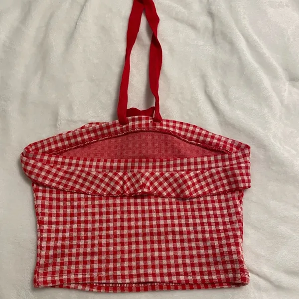 Cottagecore Farmhouse Babydoll Summer Red White Plaid Halter Ribbon Crop Top - Image 4