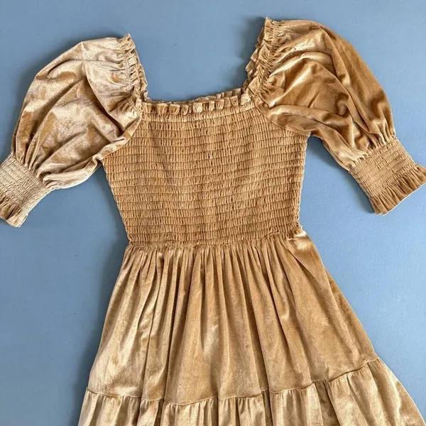 Baltic Born Vivaldi Smocked French Gold Velvet Puff Sleeve‎ Midi Dress - Image 2