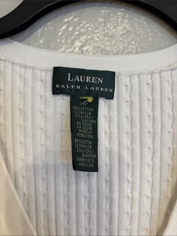 Lauren Ralph Lauren White Cable Knit Cardigan with Navy & Red Trim Preppy School - Image 2