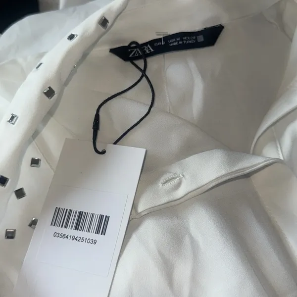 NWT ZARA Embellished Long Sleeve Chiffon Button Up Shirt White Medium - Image 9