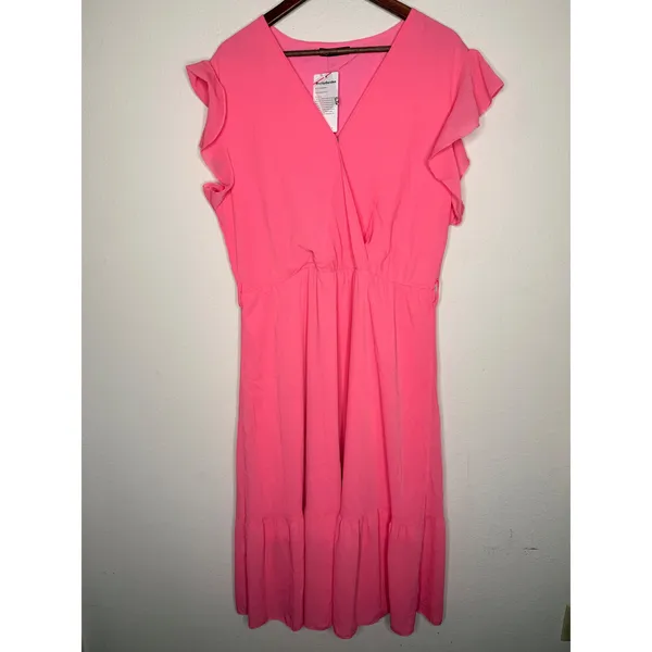 PrettyGarden Flutter Sleeve Wrap Midi Dress Pink‎ Solid Casual Boho Size XXL - Image 3