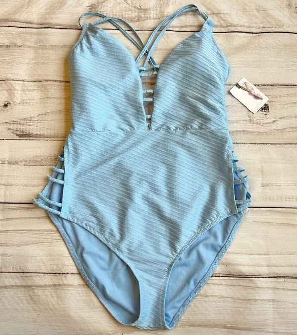 Jessica Simpson Textured Solids Plunge One Piece in Sky Size XL NWT - Image 3
