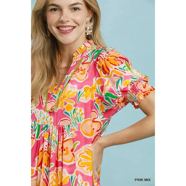 Umgee Floral Print Puff Sleeve Tiered Midi Dress - Pink Mix - Large - Image 5