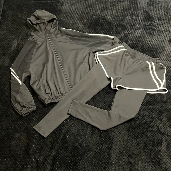 Two Pieces Set Tracksuit Bomber Jacket Sport Set Leggings Shorts Activewear Mesh - Image 6