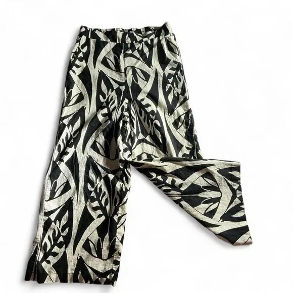 Women's Wide Leg Palazzo Pants M Black Cream Abstract Print Boho Resort Flowy - Image 2