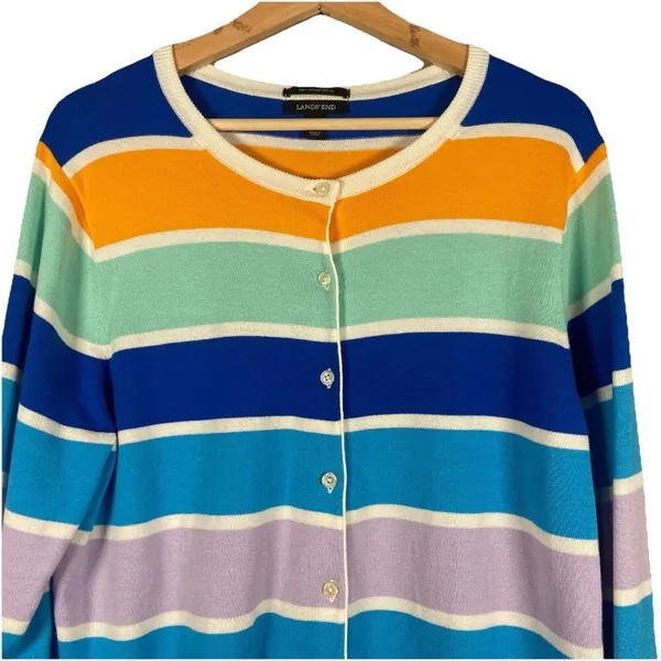 Lands' End‎ Cardigan Women’s Size L TALL Purple Orange Striped Button Up Cotton - Image 2