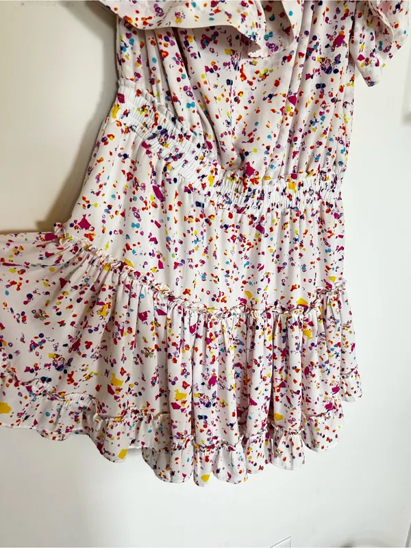 Buddy Love Sofia Rainbow Splatter Polka Dot One Shoulder Ruffle Mini Dress Large - Image 2