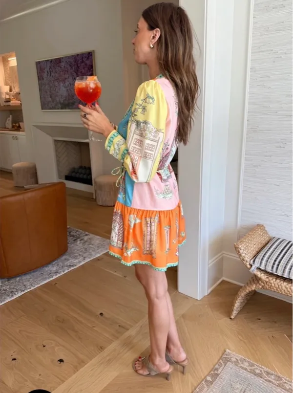 Vestique Vibrant Multicolor Printed Long Sleeve Mini Italian Villa Dress ✨ - Image 4