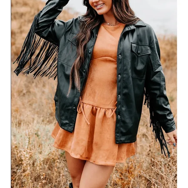 Oversized Fringe Black Button Front Faux Leather Coat Jacket Sz S Western Boho - Image 4