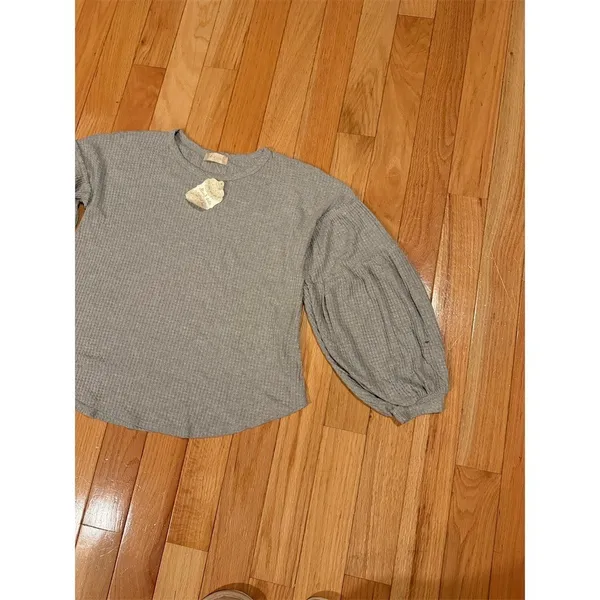 Altar’d State Top Womens Size L Gray Waffle Knit Balloon Sleeve Pullover - Image 2
