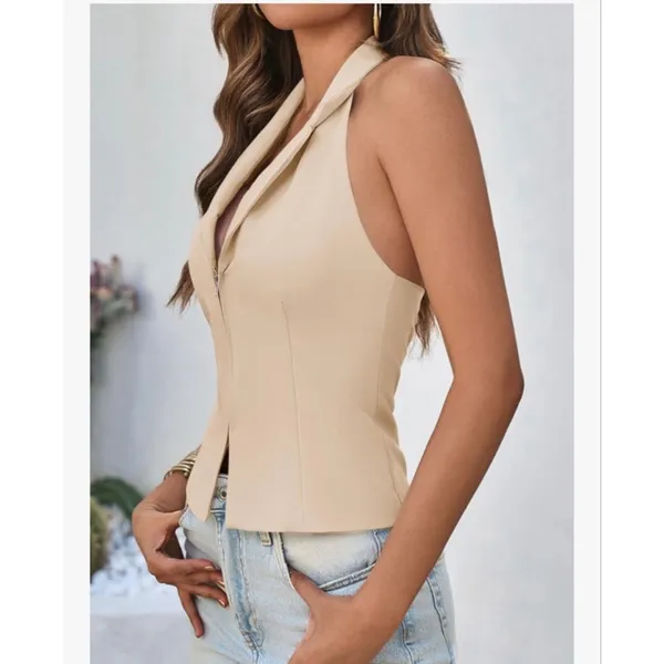 NEW Halter Blazer Vest Deep V Neck Zip Up Backless Smocked Waist M - Image 5