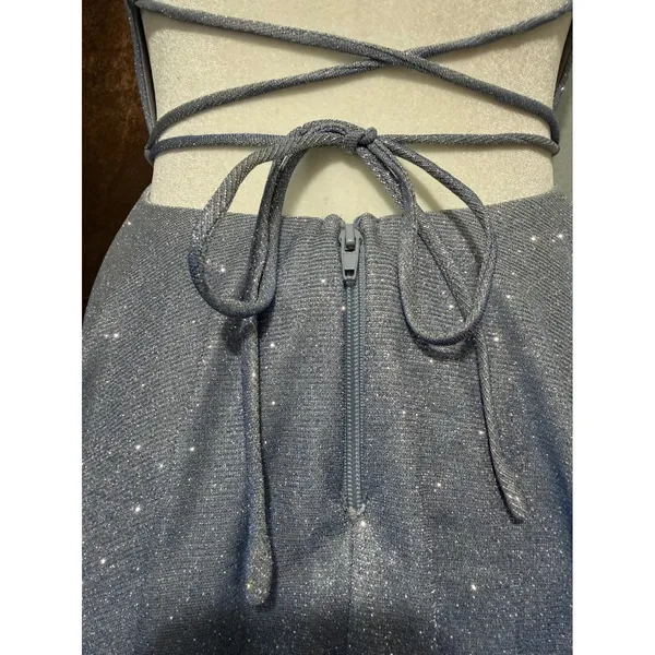 Windsor Light Blue Glitter Skater Dress Siz S V-Neck Lace Up Back Mini Prom Glam - Image 15