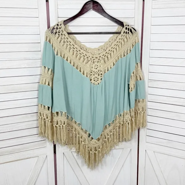 UMGEE Boho Peasant Crochet Fringe Hem Triangle Top‎ Teal Green Tan Large Hippie - Image 9