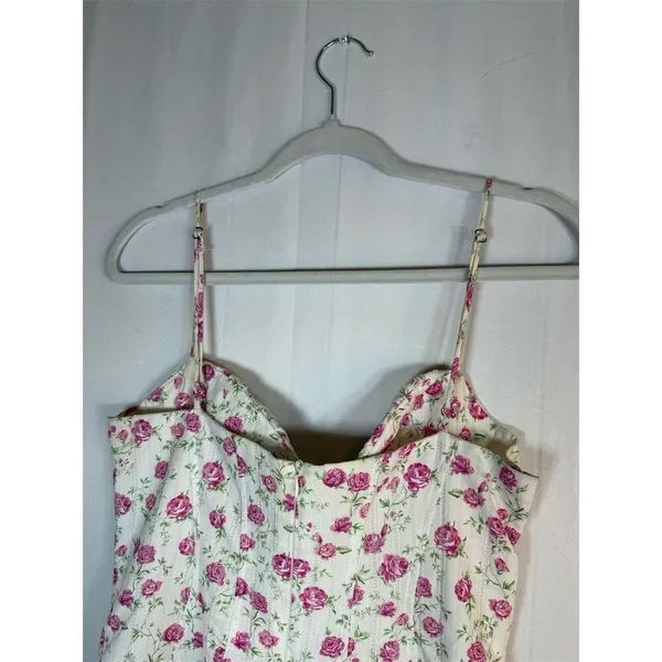 Zara Mini Dress Womens M White Pink Floral Rose Corset Bustier Strappy - Image 7
